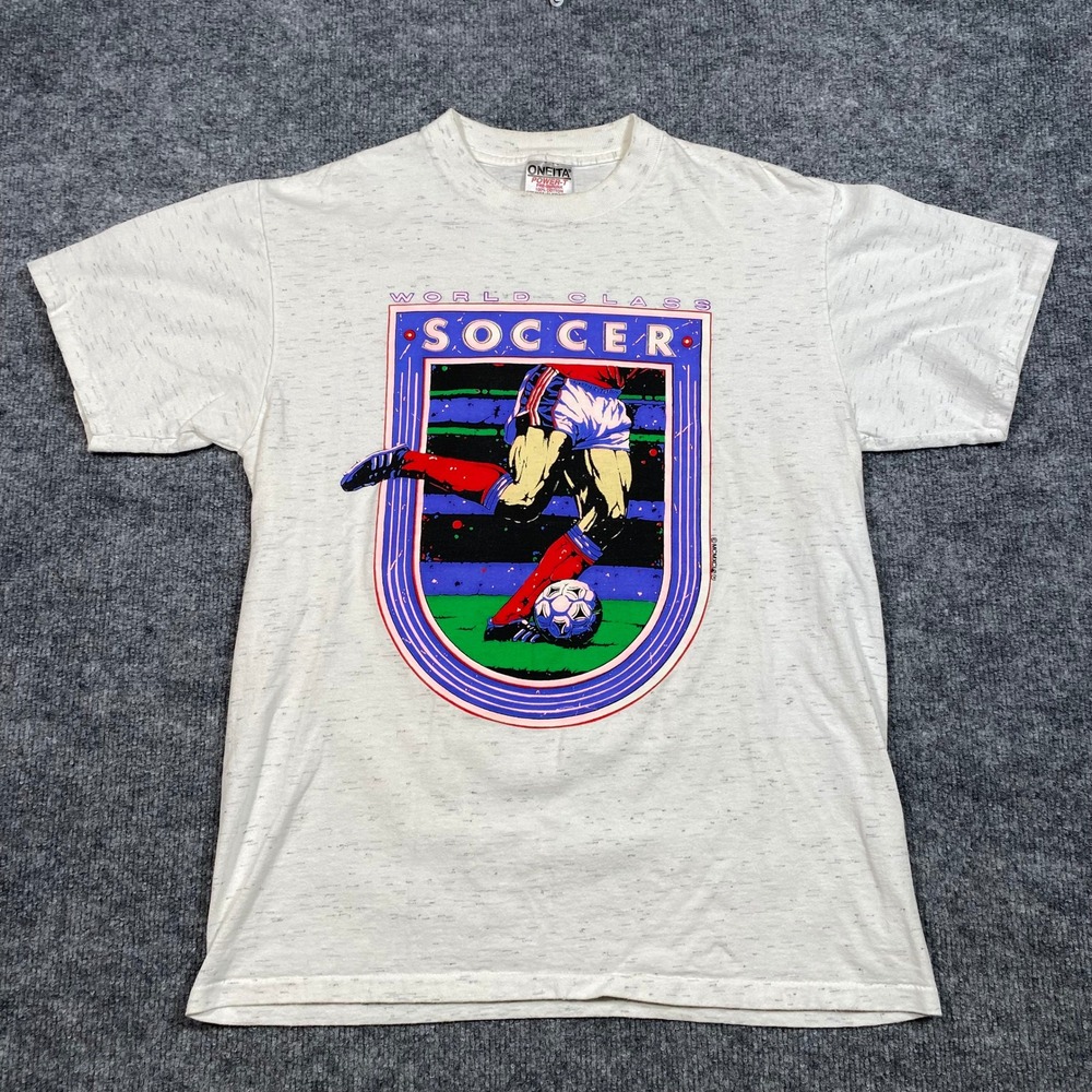 Vintage‎ 1991 Oneita Power-T World Class Soccer Graphic T-Shirt Mens Medium Grey